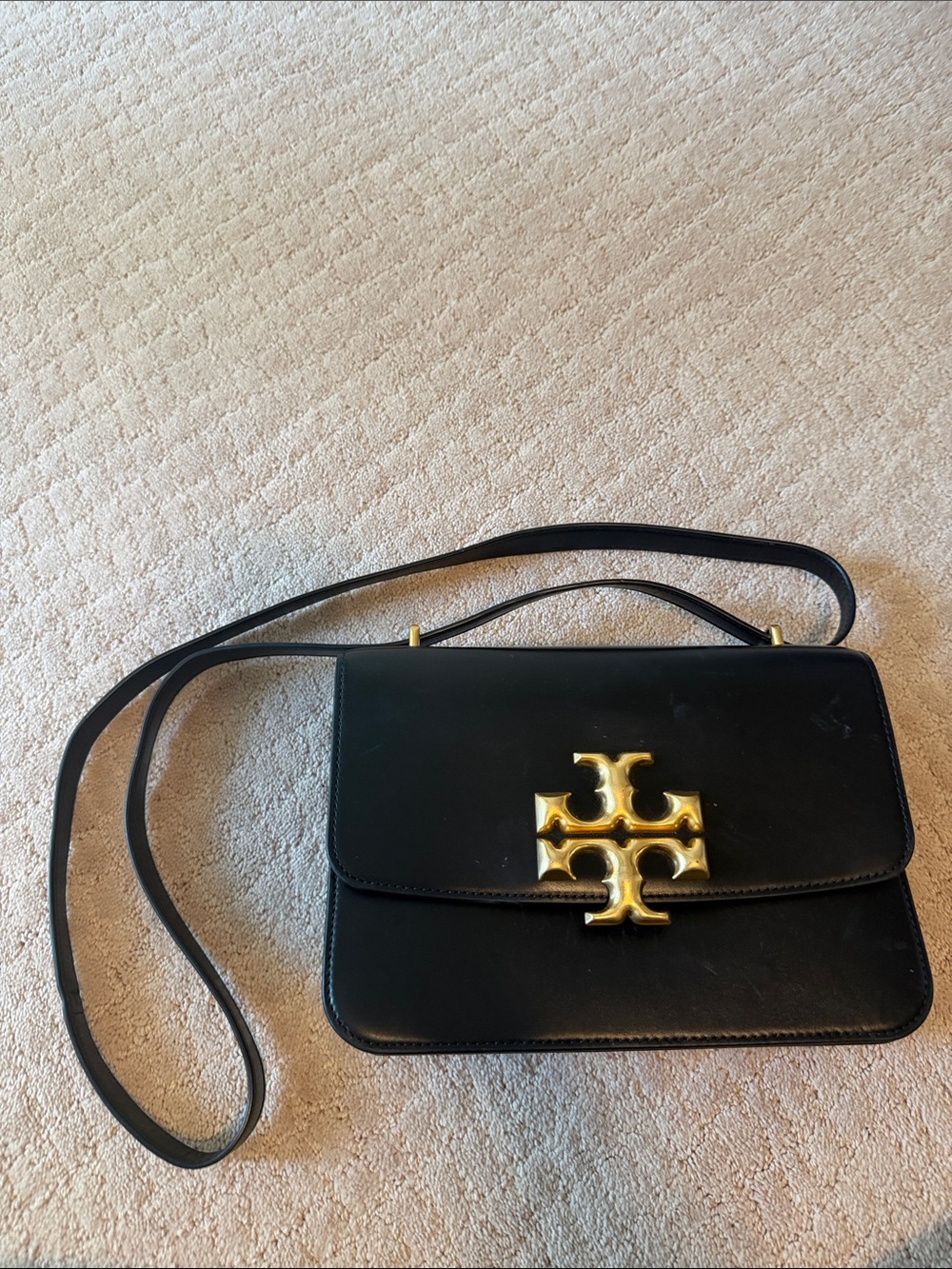 Tory Burch Black Leather Shoulder Bag with Gold Logo